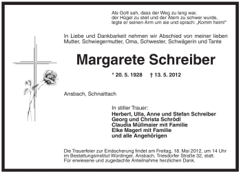 Traueranzeige von Margarete Schreiber von Pegnitz-Zeitung